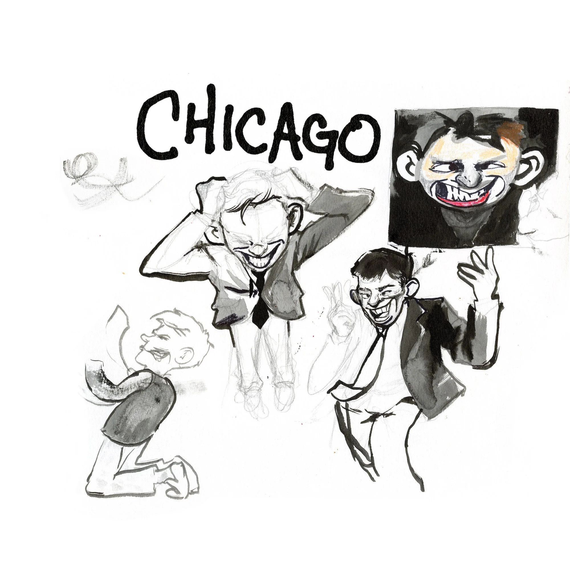 Album artwork for CHICAGO by vlush, pencil/watercolor sketches of businessmen with a mix of angry and cunning facial expressions